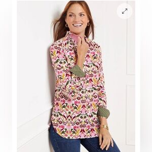 Talbots Modern Classic Shirt Floral Button Down 100% Cotton Blouse Petite Large